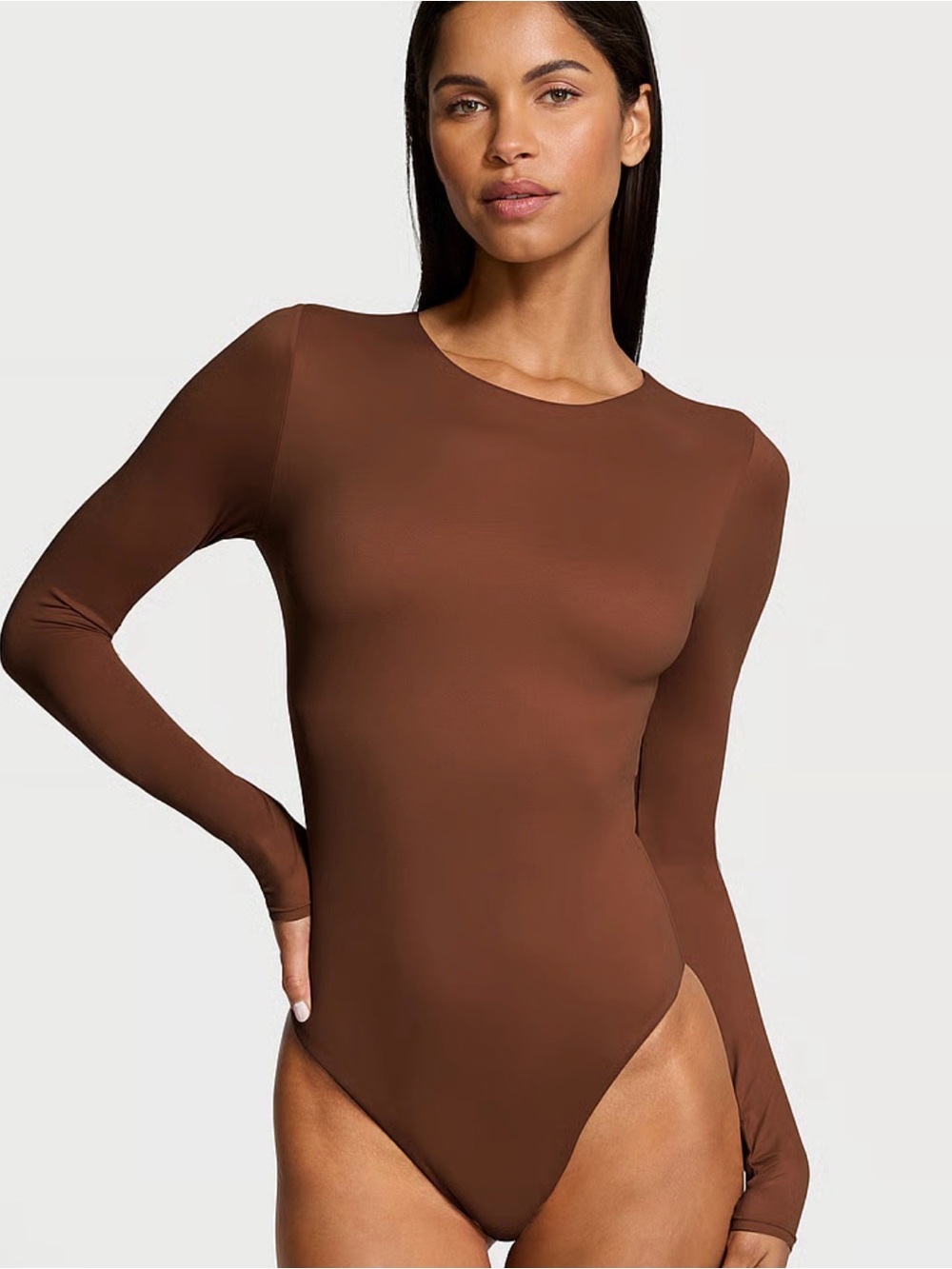 💙 NWT Victoria’s Secret BODYWEAR feather Soft Long Sleeve Brown Thong Bodysuit M